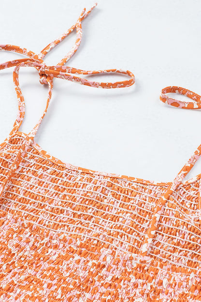 Orange Boho Floral Print Shirred Thin Straps Romper
