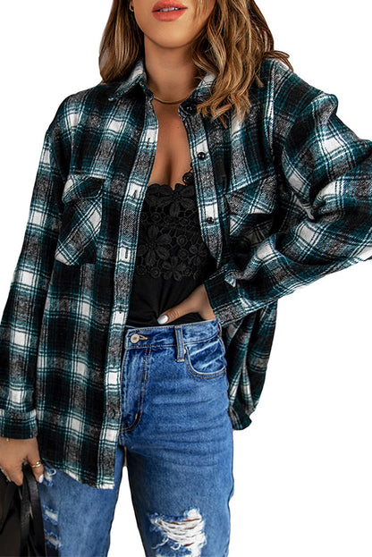 Black Button Up Collared Plaid Shacket