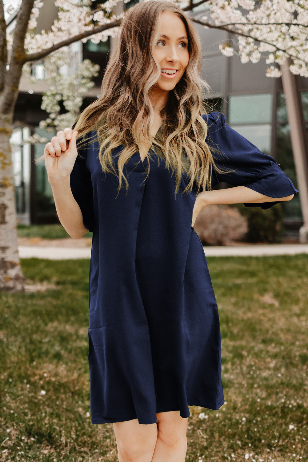 Navy Blue Split V Neck Short Sleeve Tunic Dress