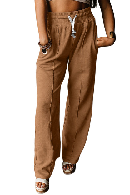 Coffee Drawstring High Waist Wide Leg Waffle Knit Pants