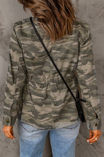 Green Camo Print Pockets Button Up Jacket