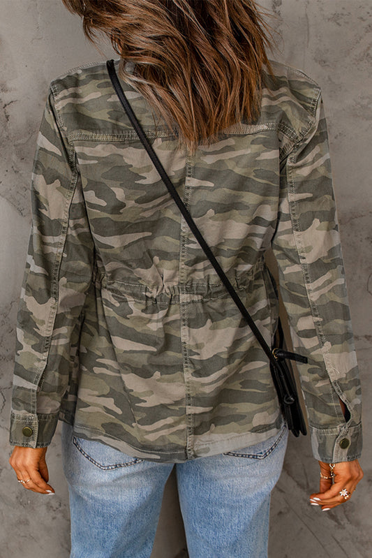 Green Camo Print Pockets Button Up Jacket