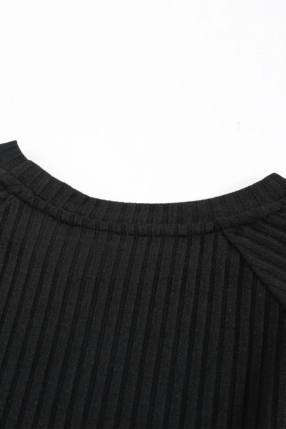 Black Round Neck Empire Waist Ribbed Short Knit Dress
