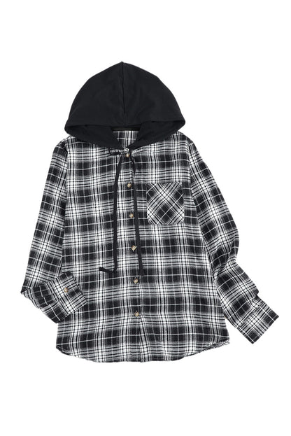 Khaki Drawstring Plaid Hooded Shirt Shacket