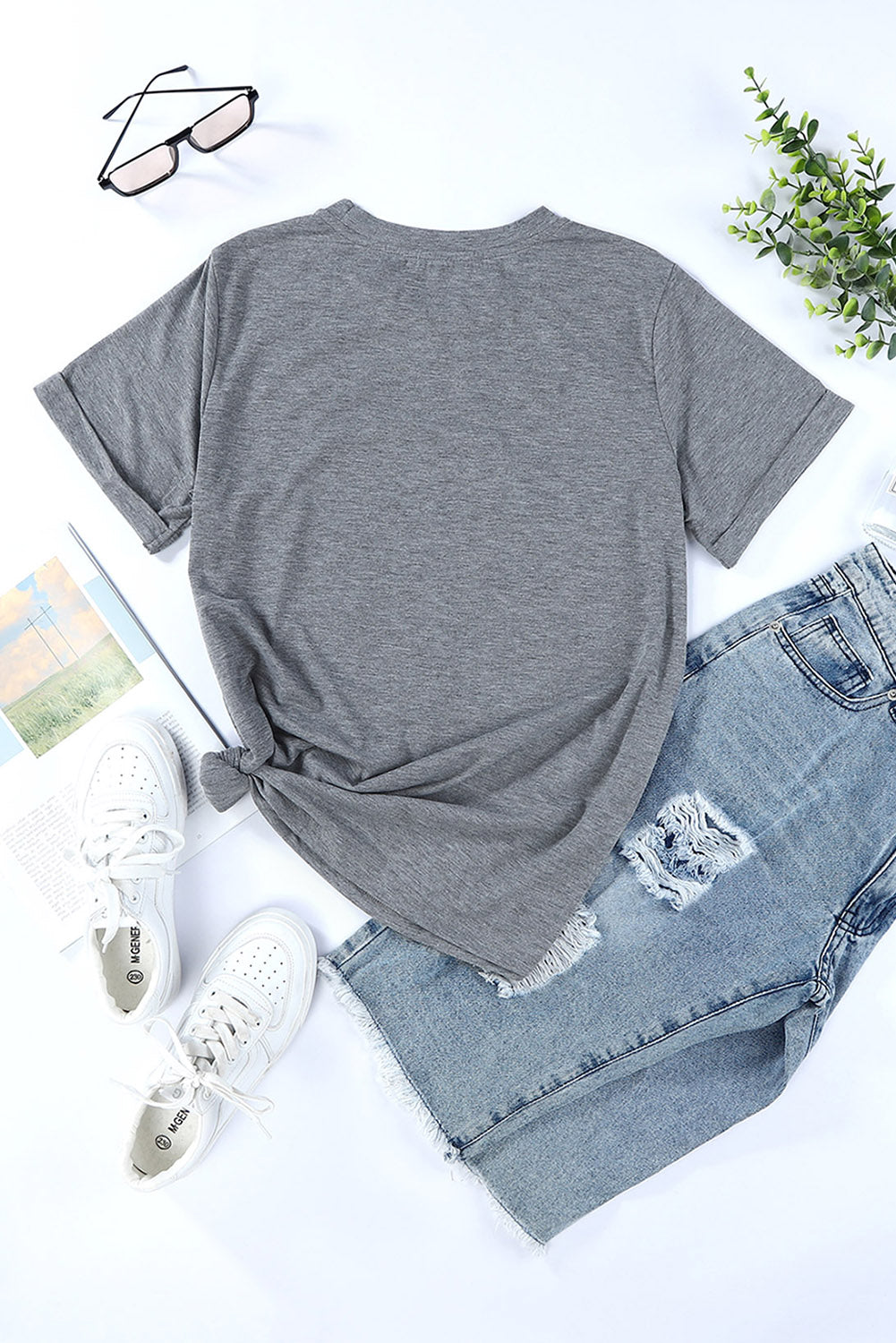 Green Plain Solid Color Crew Neck Tee