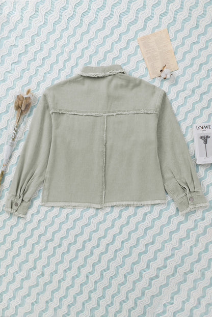 Green Distressed Flap Pockets Frayed Hem Denim Jacket