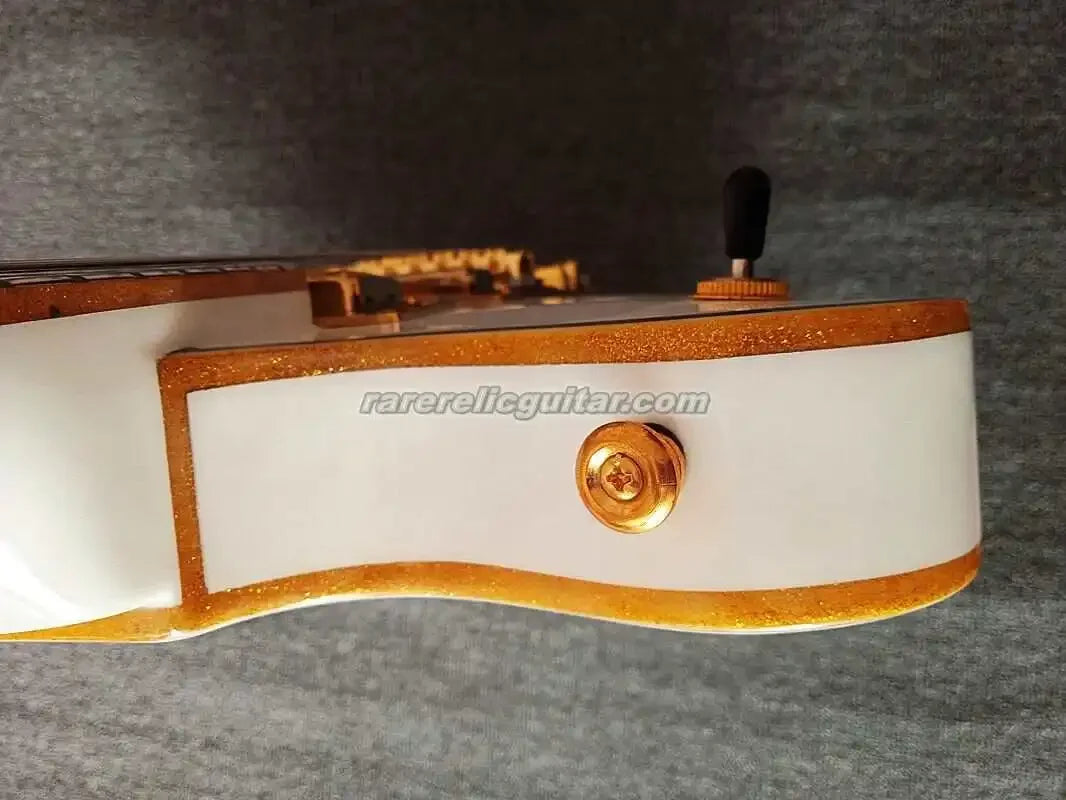 White Falcon Semi Hollow Body Jazz Electric Guitar Gold Sparkle Binding Bigs Tremolo Bridge Grover Imperial Tuners Gold Hardware