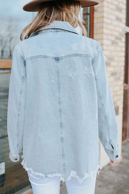 Light Blue Flap Pocket Buttoned Raw Hem Denim Shacket