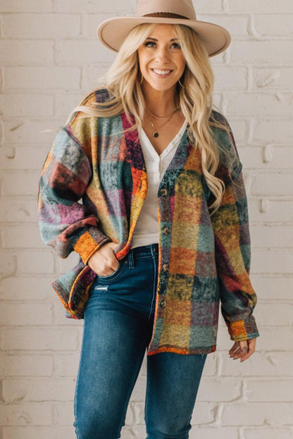 Multicolor Brushed Checked Tunic Buttoned Shacket