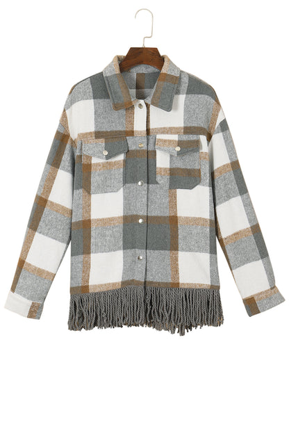 Black Plaid Snap Button Pocket Fringed Hem Shacket