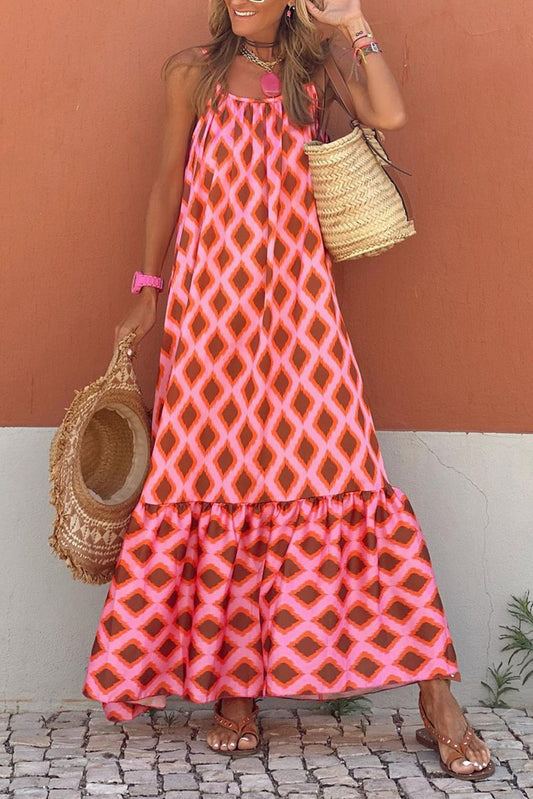 Blue Geometric Print Loose Fit Sleeveless Maxi Dress