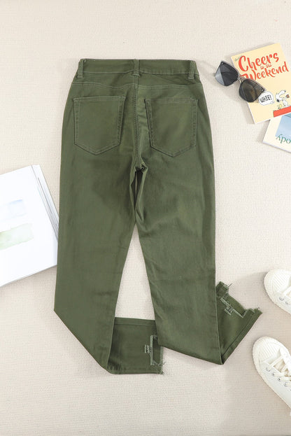 White Plain Buttons Frayed Raw Hem High Waist Denim Jeans