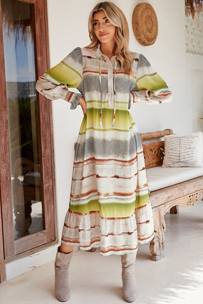 Multicolor Lace Up Tie-dye Print Long Shirt Dress