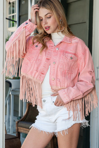 Pink Distressed Ripped Fringe Hem Cropped Denim Jacket