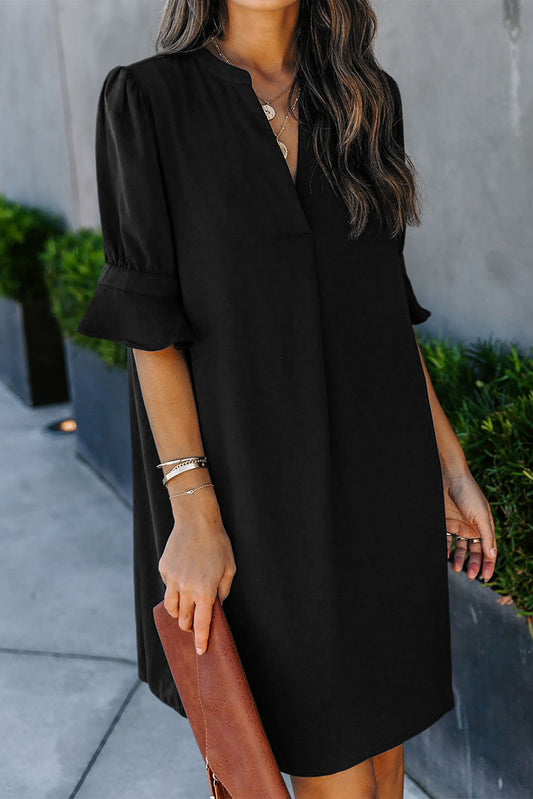 Navy Blue Split V Neck Short Sleeve Tunic Dress