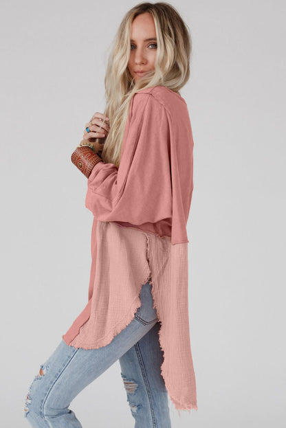 Khaki Crinkled Patchwork Raw Hem Oversized Blouse