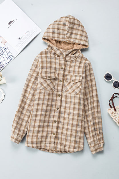 Blue Snap Button Sherpa Lined Hooded Flannel Jacket