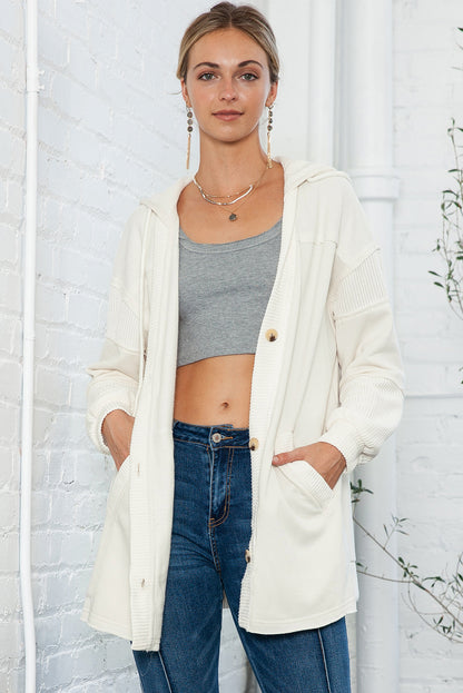 Beige Solid Color Button Down Long Hooded Cardigan
