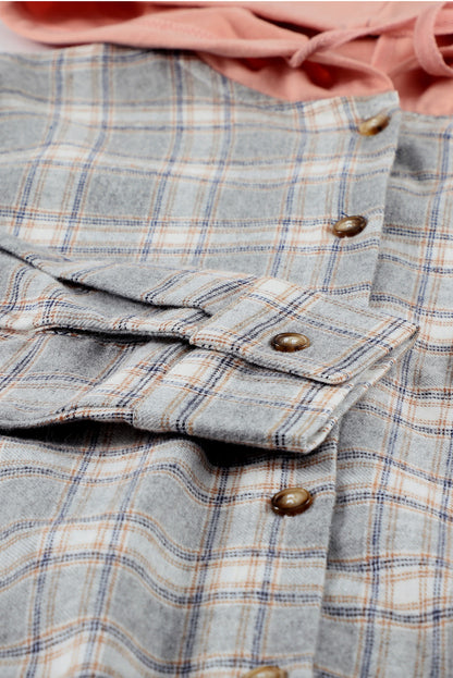 Khaki Drawstring Plaid Hooded Shirt Shacket