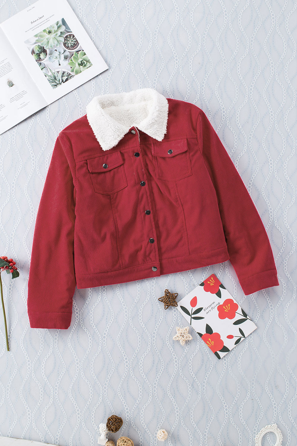 Gray Sherpa Snap Flap Pocket Cropped Corduroy Jacket