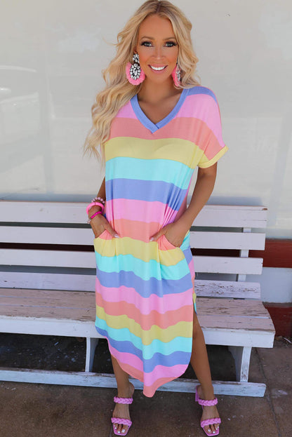 Multicolor Striped Side Split Pockets V Neck Maxi Shirt Dress