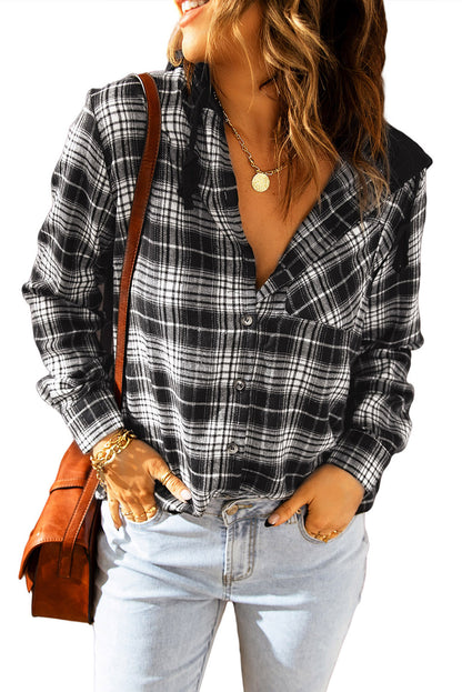 Khaki Drawstring Plaid Hooded Shirt Shacket