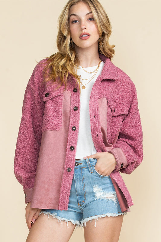 Pink Colorblock Buttoned Flap Pocket Sherpa Jacket