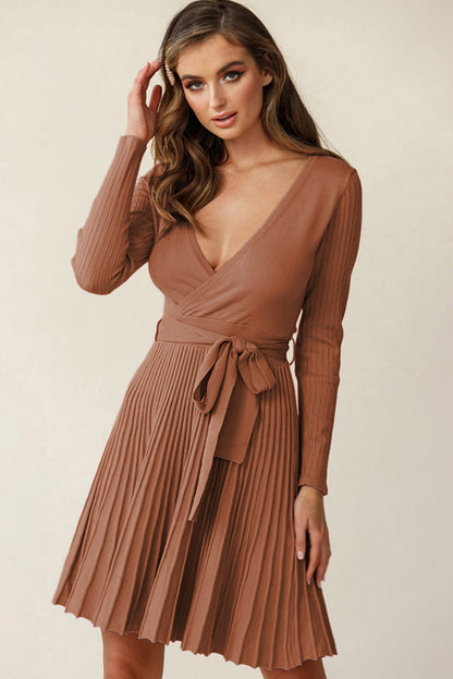 Brown Belted Wrap V Neck Ribbed Pleated Sweater Dress