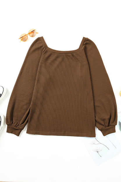 Pink Waffle Texture Casual Square Neck Pullover Top