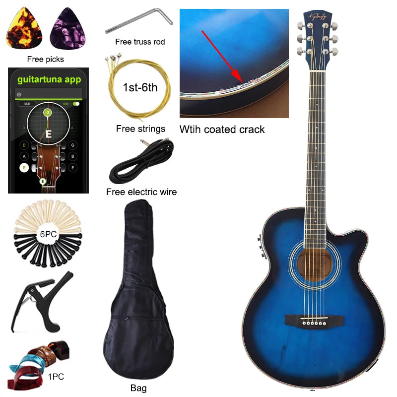 40" Beginner's Thin Body Acoustic Electric Guitar Kit with Accessories - Various Colours