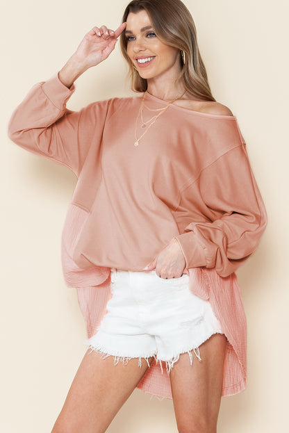 Khaki Crinkled Patchwork Raw Hem Oversized Blouse