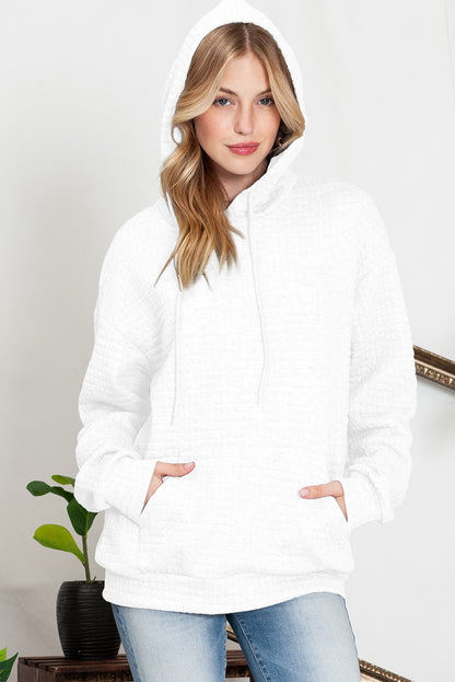 Khaki Lattice Textured Kangaroo Pocket Drawstring Hoodie
