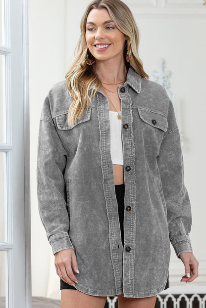 Khaki Vintage Distressed Mineral Wash Oversized Shacket