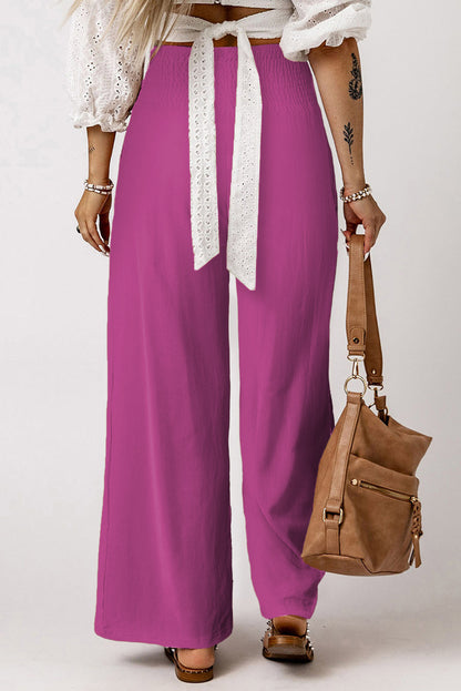 Brown Smocked Wide Waistband High Waist Wide Leg Pants