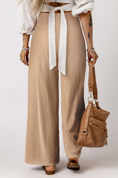 Brown Smocked Wide Waistband High Waist Wide Leg Pants
