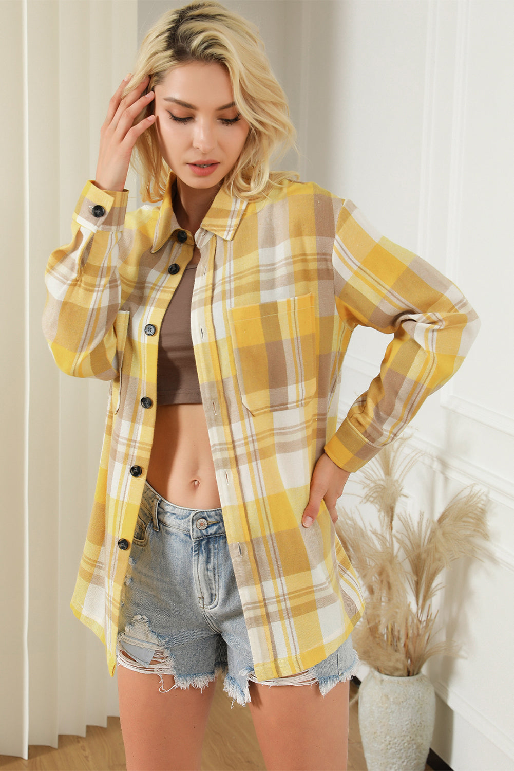Pink Long Sleeve Collared Button Up Flannel Shacket