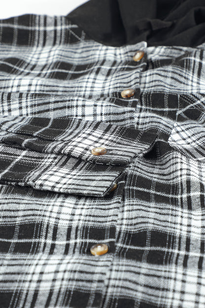 Khaki Drawstring Plaid Hooded Shirt Shacket