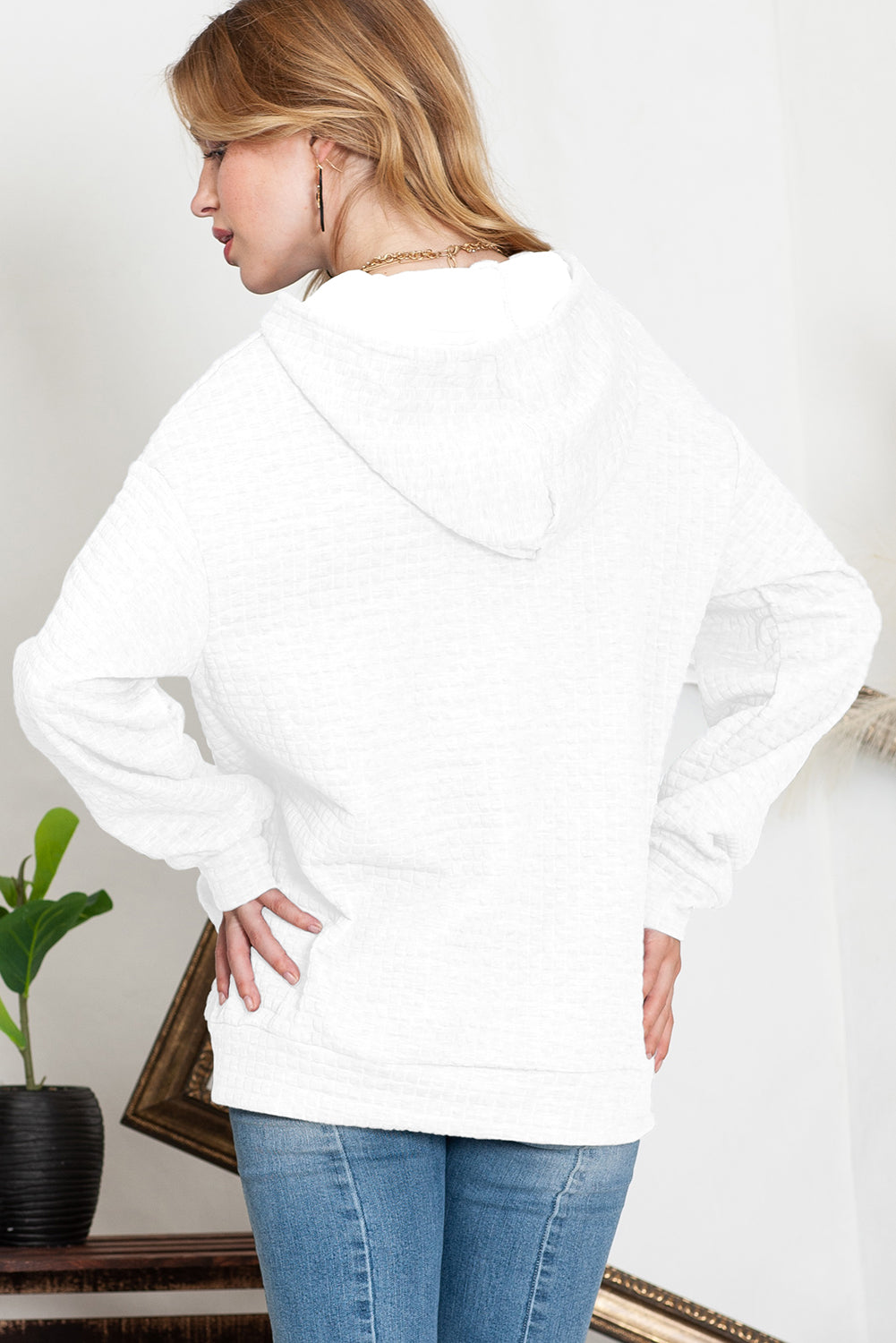 Khaki Lattice Textured Kangaroo Pocket Drawstring Hoodie
