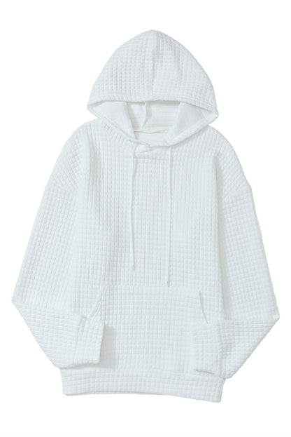 Khaki Lattice Textured Kangaroo Pocket Drawstring Hoodie