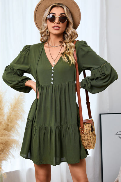 Verdant Bishop Sleeve Tie Front Tiered Pleated Short Dress