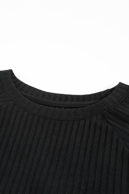 Black Round Neck Empire Waist Ribbed Short Knit Dress