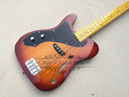 Left hand 4 Strings  ASH Wood Semi Hollow Bass Guitar - Sunburst with Yellow Neck