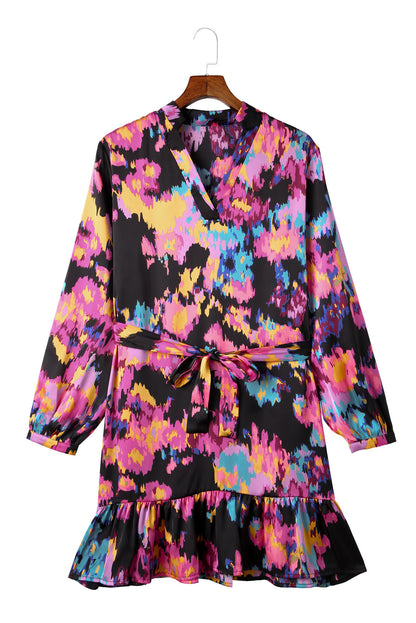 Abstract Print Waist Belted Flounce Hem Split V Neck Long Sleeve Dress