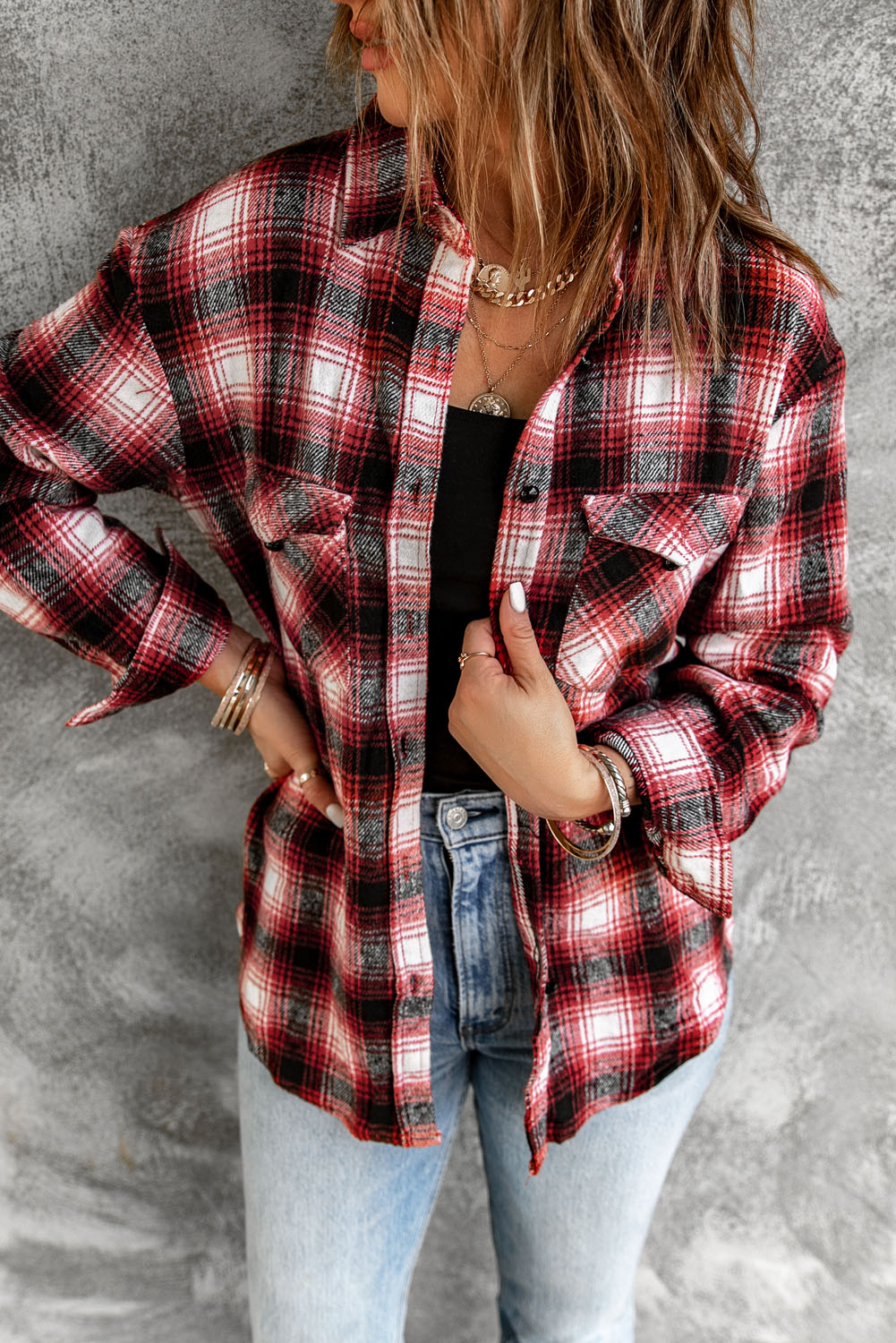 Black Button Up Collared Plaid Shacket