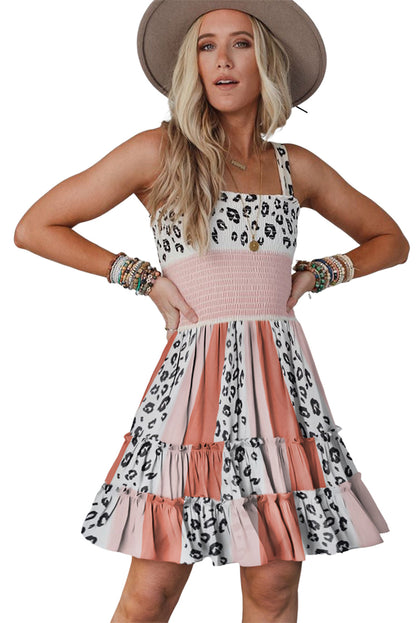 Orange Leopard Striped Strap High Waist Smocked Short Dress