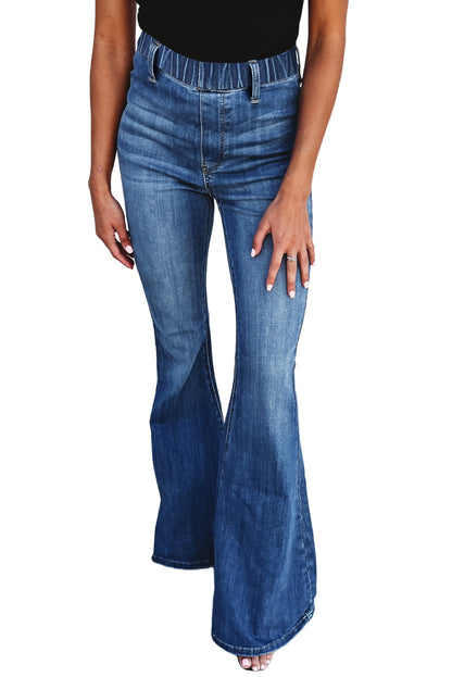 Dark Blue Elastic High Waist Flared Jeans