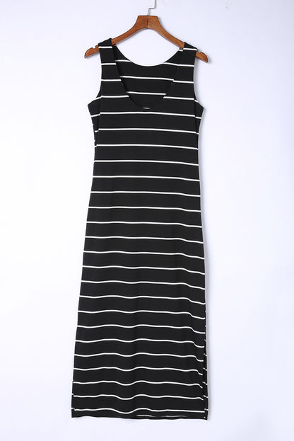 Brown Striped Backless Casual Side Slits Maxi Dress