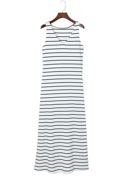 Dark Blue Striped V Neck Sleeveless Side Slits Maxi Dress