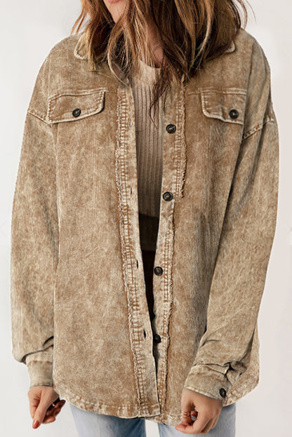 Khaki Vintage Distressed Mineral Wash Oversized Shacket