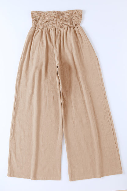 Brown Smocked Wide Waistband High Waist Wide Leg Pants